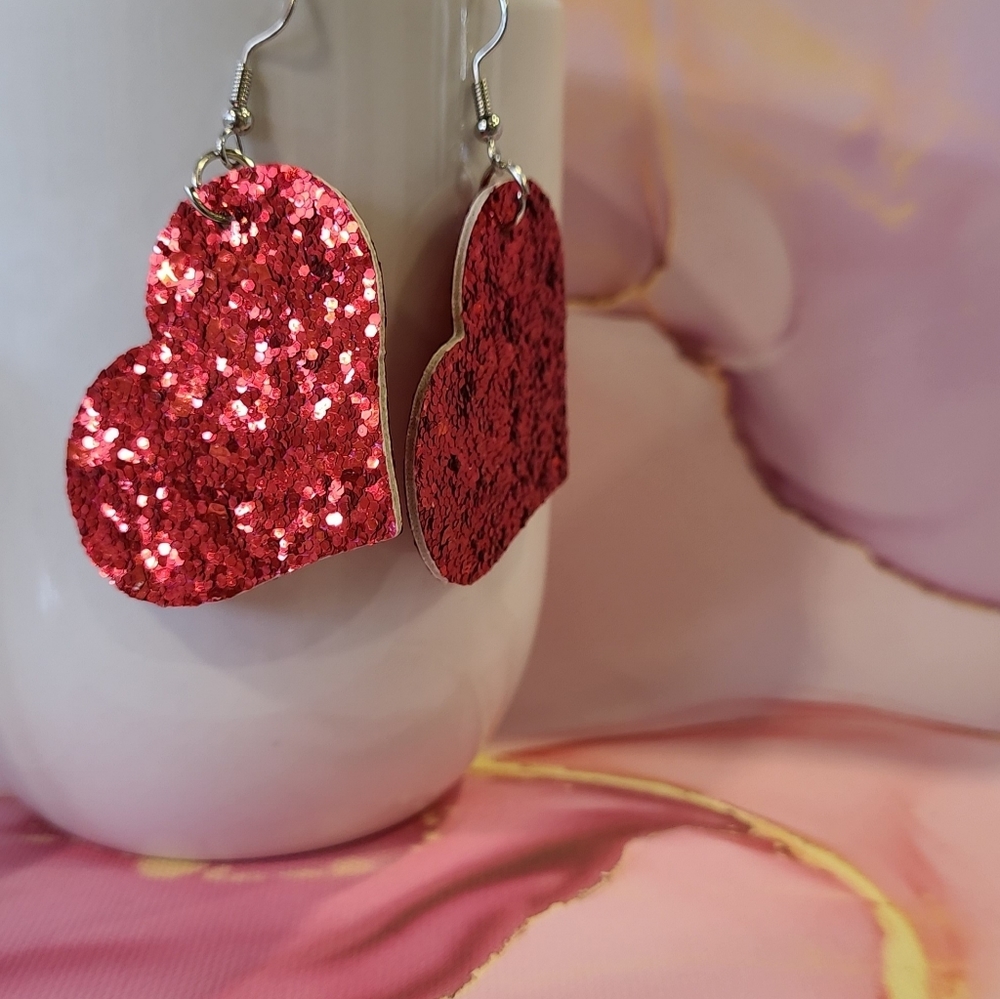 Red Sparkle Heart Valentines Earrings
